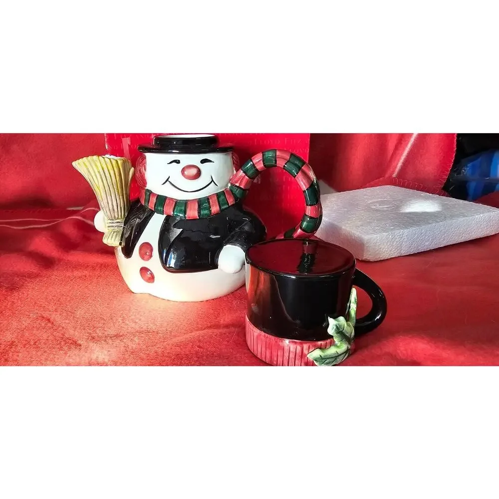 IN BOX Fitz & Floyd Snack Therapy‎ Snowman Teapot Cup Cocoa Christmas 2003